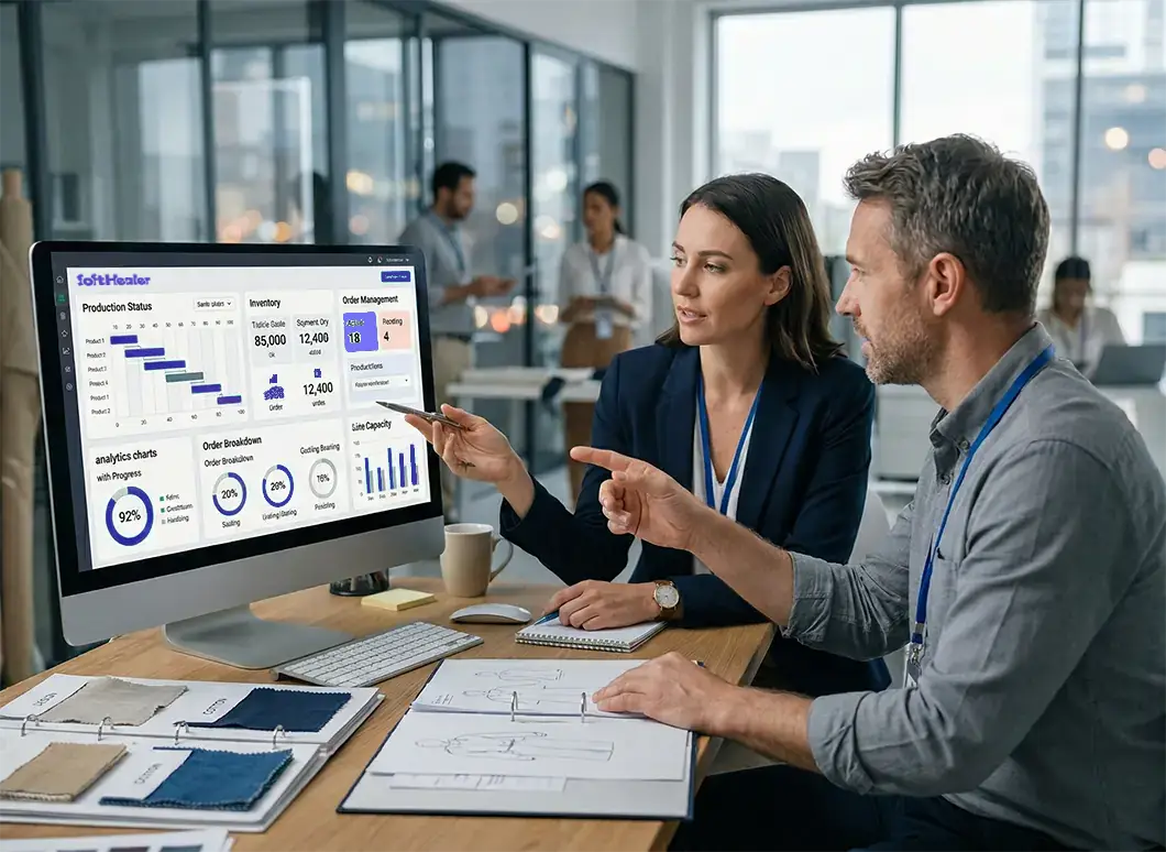 Team reviewing apparel ERP dashboard on computer