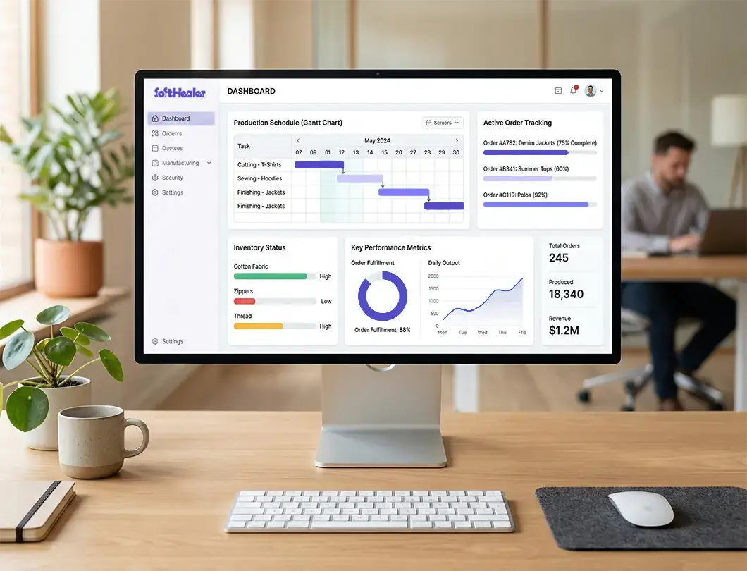 ERP dashboard displayed on computer in modern workspace