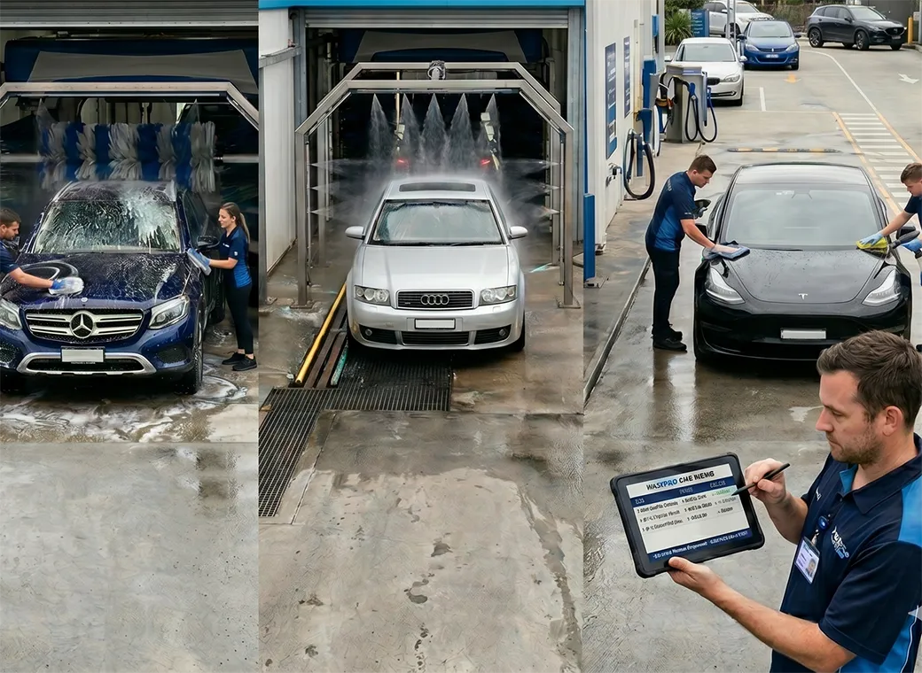 Car wash operations with staff and vehicles